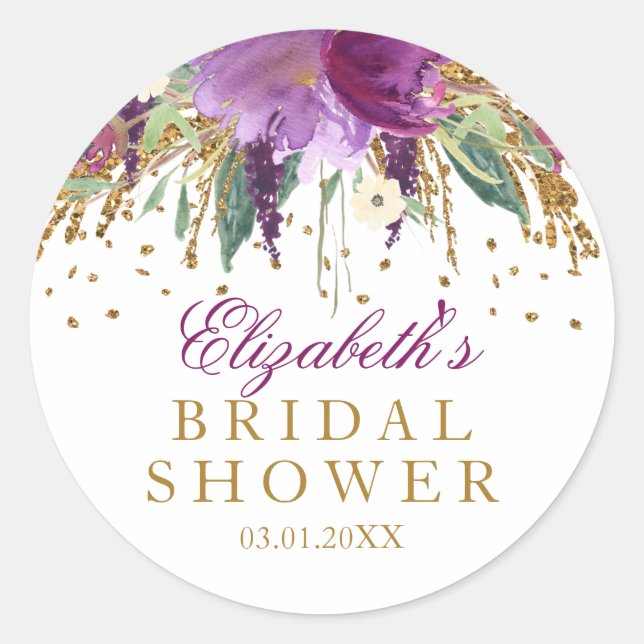 Floral Glitter Amethyst Bridal Shower Sticker (Front)