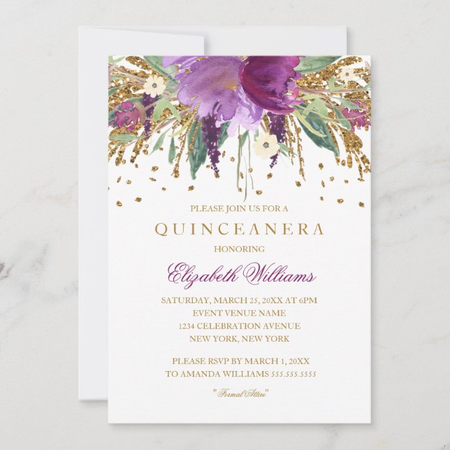 Floral Glitter Amethyst Quinceanera Invitation (Front)