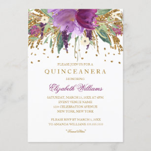 Floral Glitter Amethyst Quinceanera Invitation