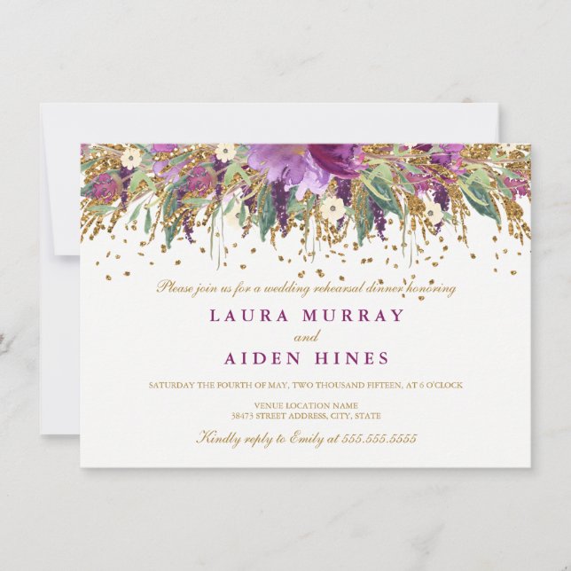 Floral Glitter Amethyst Rehearsal Dinner Invite (Front)