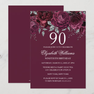 Floral Glitter Burgundy Silver 90th Birthday Invitation