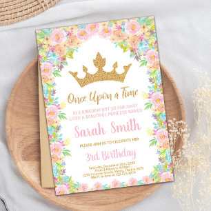 Floral Glitter Crown Princess Birthday Invitation