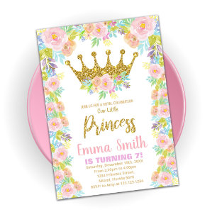 Floral Glitter Crown Princess Birthday Invitations
