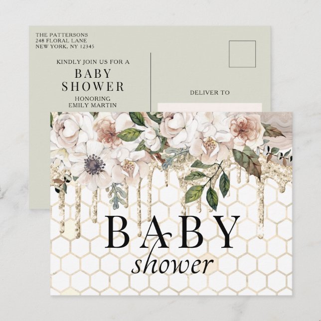 Floral Glitter Drip Marble Baby Shower Postcard (Front/Back)