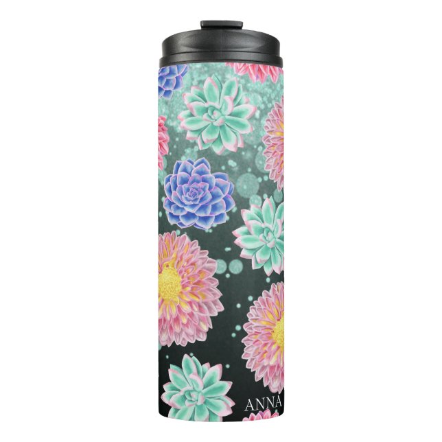*~* Floral Glitter Girly Succulent Thermal Tumbler (Front)