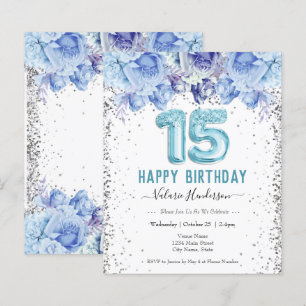 Floral Glitter Light Blue Happy 15th Birthday