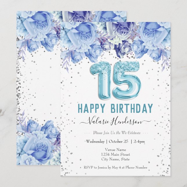 Floral Glitter Light Blue Happy 15th Birthday (Front/Back)