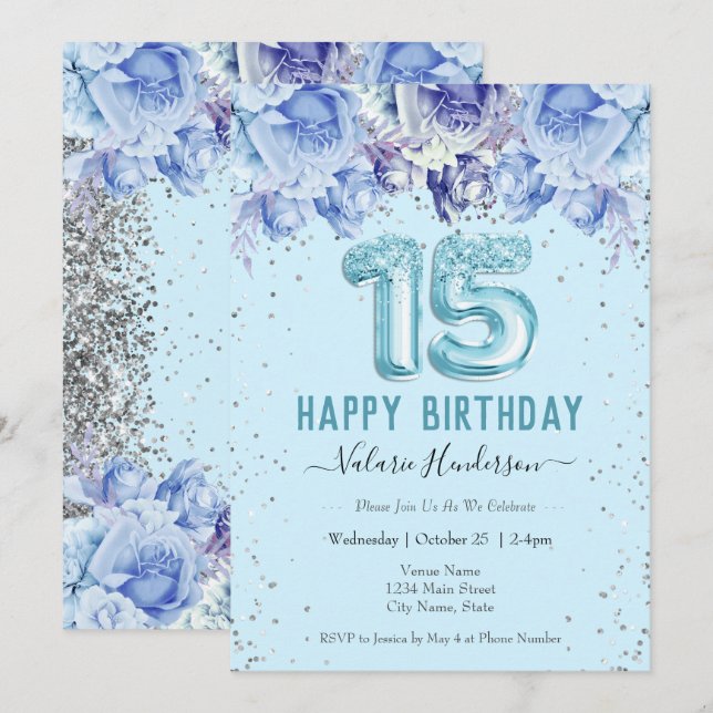 Floral Glitter Light Blue Happy 15th Birthday (Front/Back)