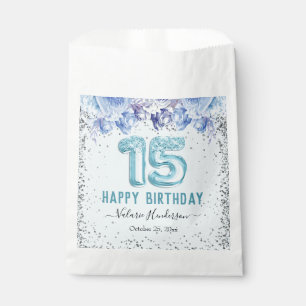 Floral Glitter Light Blue Happy 15th Birthday Favour Bags