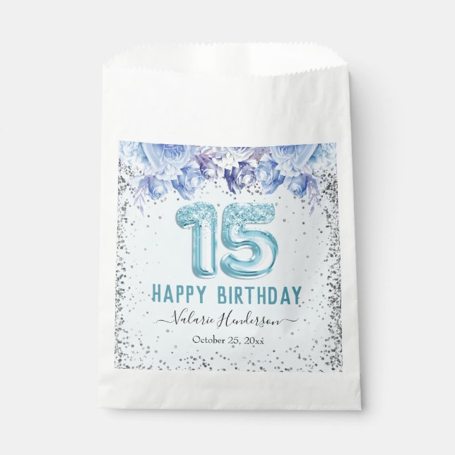 Floral Glitter Light Blue Happy 15th Birthday Favour Bags (Front)