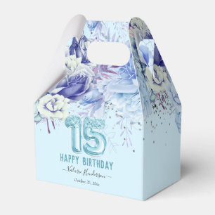 Floral Glitter Light Blue Happy 15th Birthday Favour Box