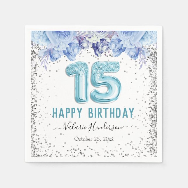 Floral Glitter Light Blue Happy 15th Birthday Napkin (Front)