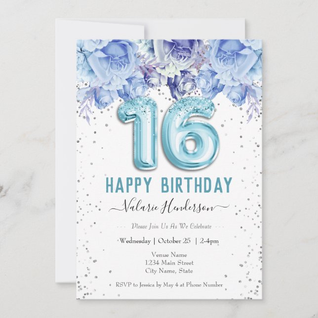 Floral Glitter Light Blue Happy 16th Birthday (Front)