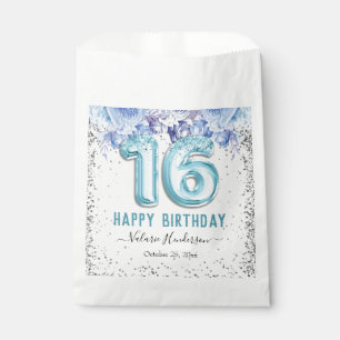 Floral Glitter Light Blue Happy 16th Birthday Favour Bags