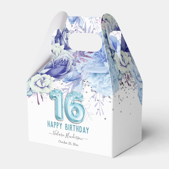 Floral Glitter Light Blue Happy 16th Birthday Favour Box (Front Side)
