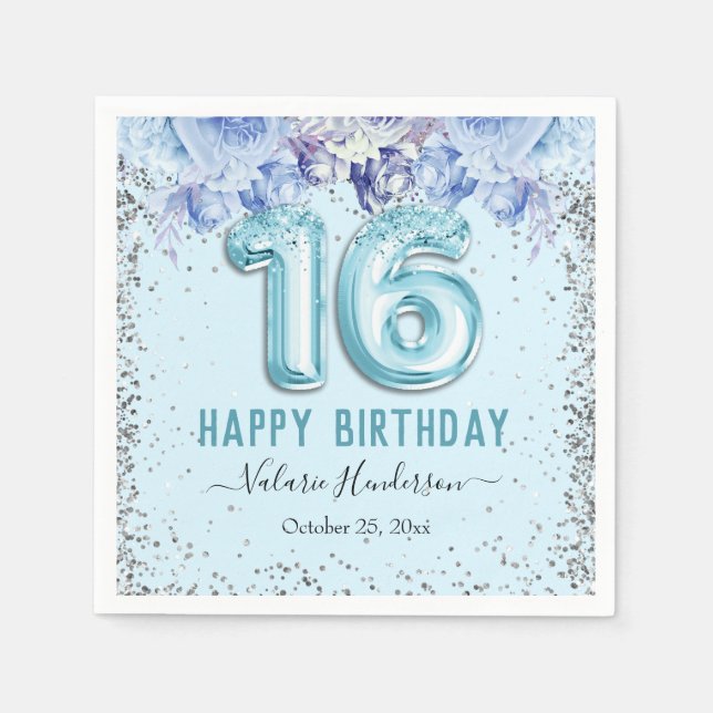 Floral Glitter Light Blue Happy 16th Birthday Napkin (Front)