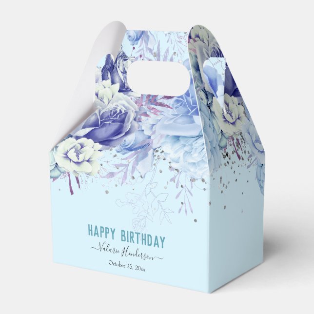 Floral Glitter Light Blue Happy Birthday  Favour Box (Front Side)