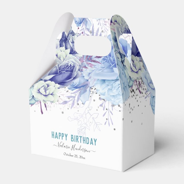 Floral Glitter Light Blue Happy Birthday Favour Box (Front Side)