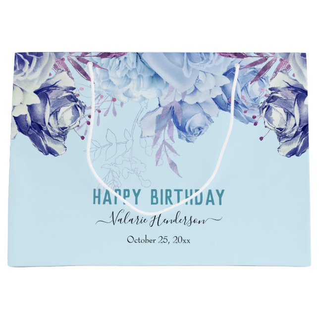 Floral Glitter Light Blue Happy Birthday Large Gif Large Gift Bag (Front)