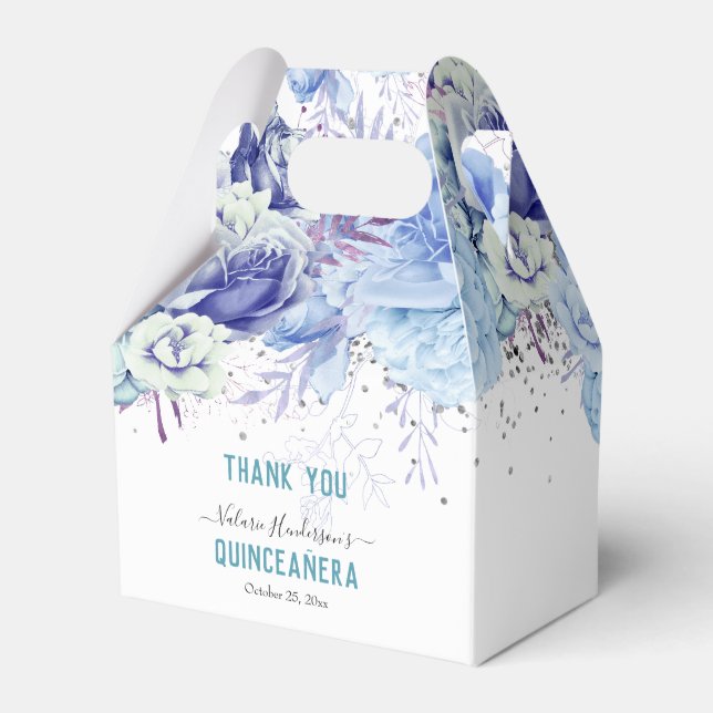 Floral Glitter Light Blue Quinceañera Favour Box (Front Side)