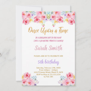 Floral Glitter Princess Birthday Invitation