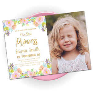 Floral Glitter Princess Birthday Invitations photo