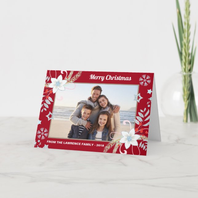 Floral Glitter Snowflakes Red Christmas Photo Holiday Card (Front)