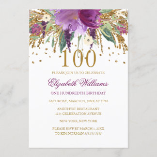 Floral Glitter Sparkling Amethyst 100th Birthday Invitation