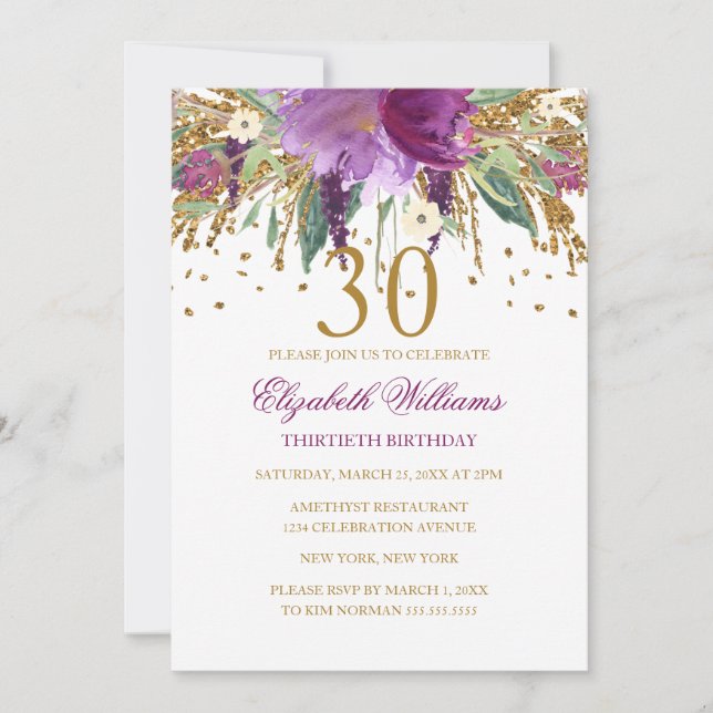 Floral Glitter Sparkling Amethyst 30th Birthday Invitation (Front)