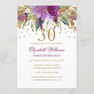 Floral Glitter Sparkling Amethyst 30th Birthday Invitation