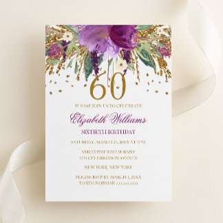 Floral Glitter Sparkling Amethyst 60th Birthday Invitation