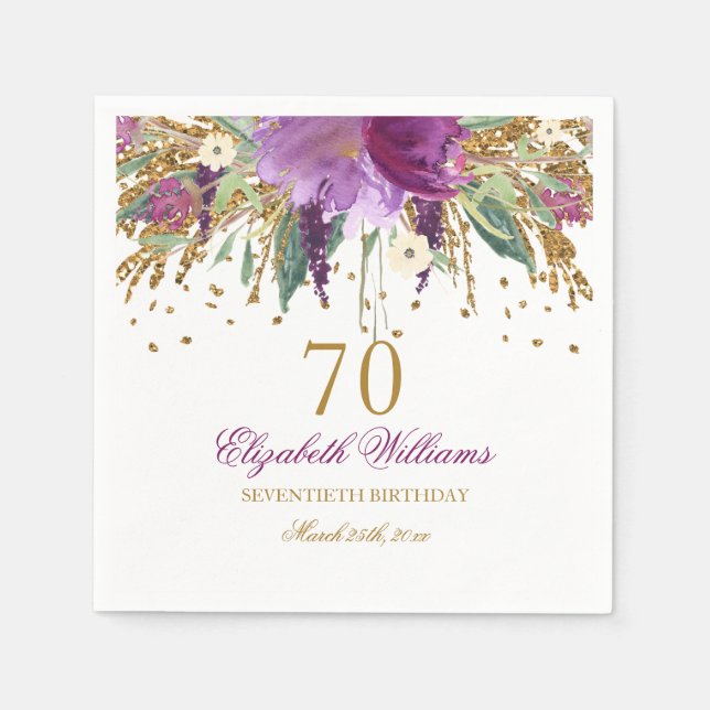 Floral Glitter Sparkling Amethyst 70th Birthday Napkin (Front)