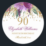 Floral Glitter Sparkling Amethyst 90th Birthday Classic Round Sticker<br><div class="desc">Matching Birthday Collection in the Little Bayleigh store. We have used artwork from: www.createthecut.com</div>
