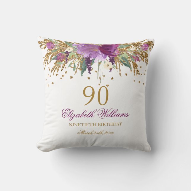 Floral Glitter Sparkling Amethyst 90th Birthday Cushion (Front)