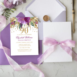 Floral Glitter Sparkling Amethyst 90th Birthday Invitation