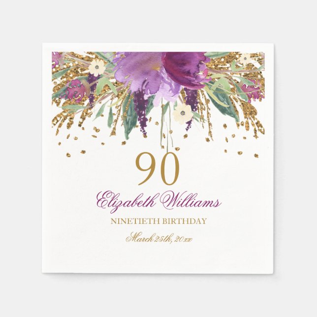 Floral Glitter Sparkling Amethyst 90th Birthday Napkin (Front)