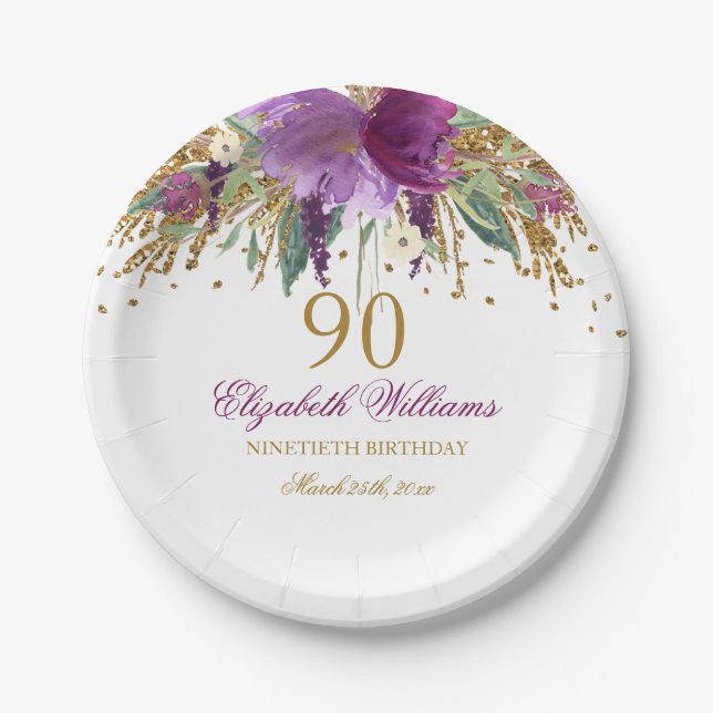 Floral Glitter Sparkling Amethyst 90th Birthday Paper Plate (Front)