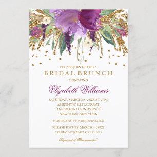 Floral Glitter Sparkling Amethyst Bridal Brunch Invitation