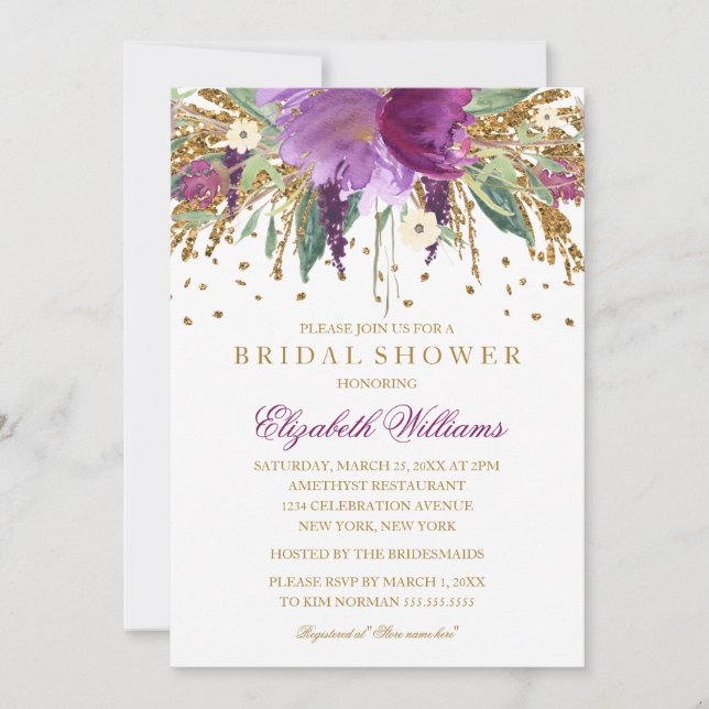Floral Glitter Sparkling Amethyst Bridal Shower Invitation (Front)