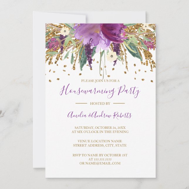 Floral Glitter Sparkling Amethyst Housewarming Invitation (Front)