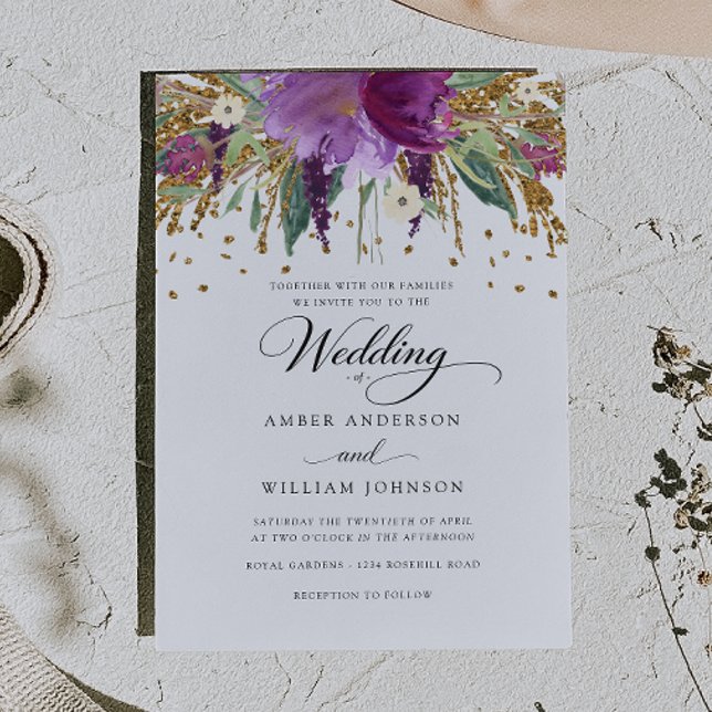 Floral Glitter Sparkling Amethyst Wedding  Invitation (Creator Uploaded)