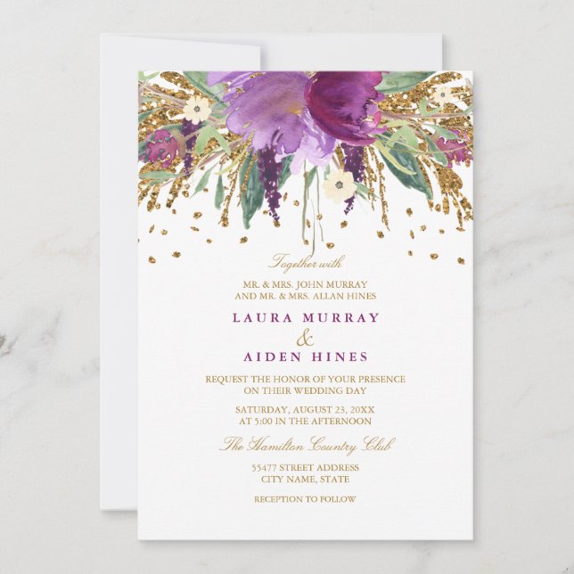 Floral Glitter Sparkling Amethyst Wedding Invite (Front)