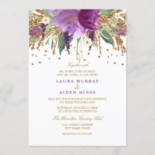 Floral Glitter Sparkling Amethyst Wedding Invite