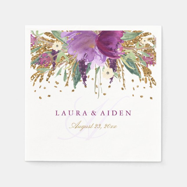 Floral Glitter Sparkling Amethyst Wedding Napkin (Front)