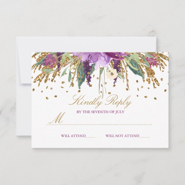 Floral Glitter Sparkling Amethyst Wedding RSVP Card (Front)