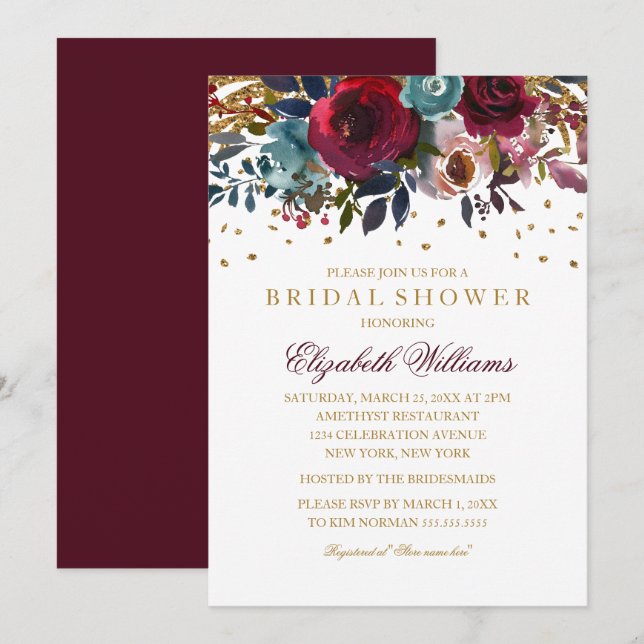 Floral Glitter Sparkling Burgundy Bridal Shower Invitation (Front/Back)
