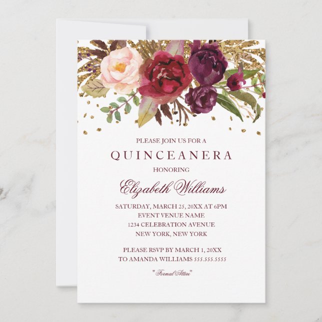Floral Glitter Sparkling Burgundy Quinceanera Invitation (Front)