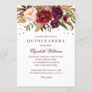 Floral Glitter Sparkling Burgundy Quinceanera Invitation