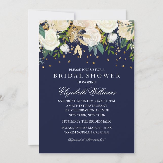 Floral Glitter Sparkling Gold Navy Bridal Shower Invitation (Front)