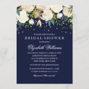 Floral Glitter Sparkling Gold Navy Bridal Shower Invitation
